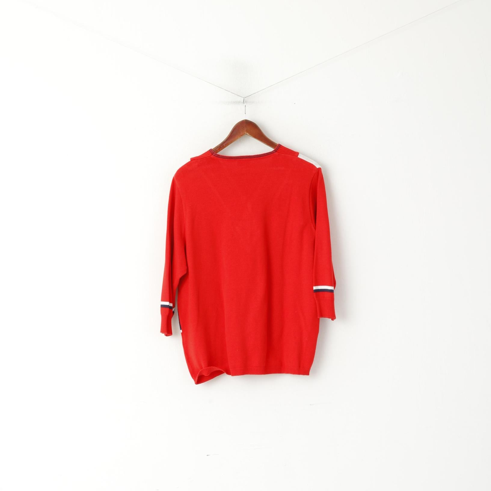 Rade Strick Maglione da donna 46 L Rosso Vintage a righe con scollo a V in cotone con maniche a 3/4