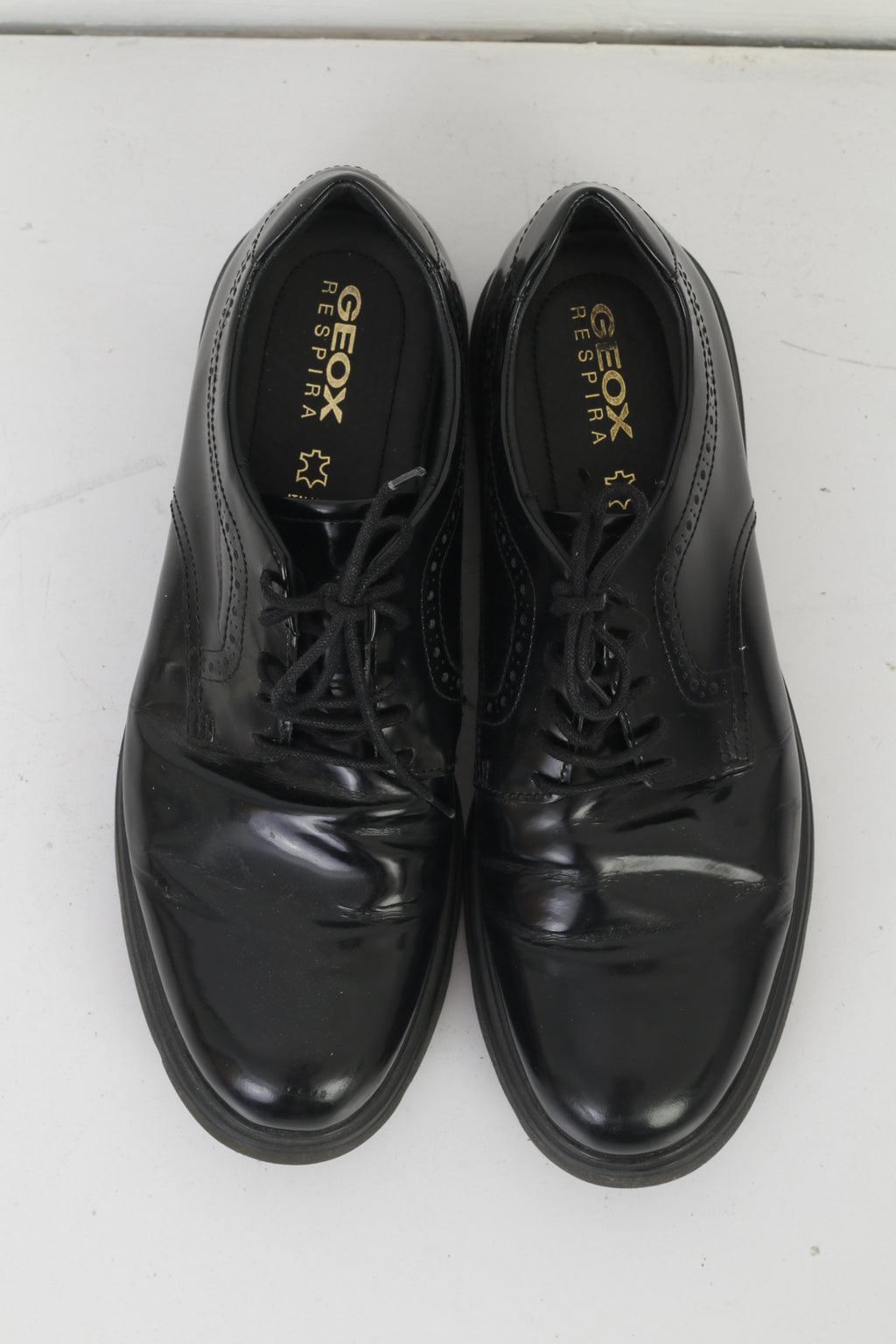 Geox Respira Men 45 Shoes Black Shiny Leather Italian Patent Comfort Lace Up