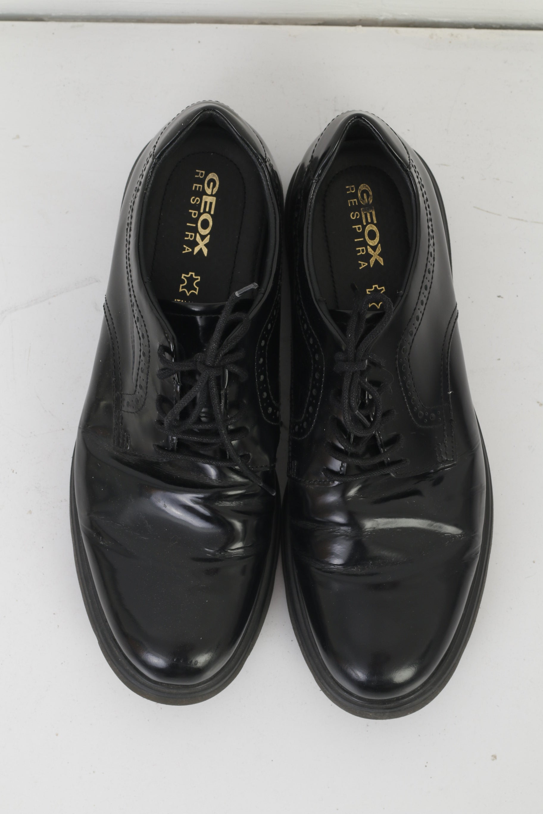 Geox Respira Men 45 Shoes Black Shiny Leather Italian Patent Comfort Lace Up