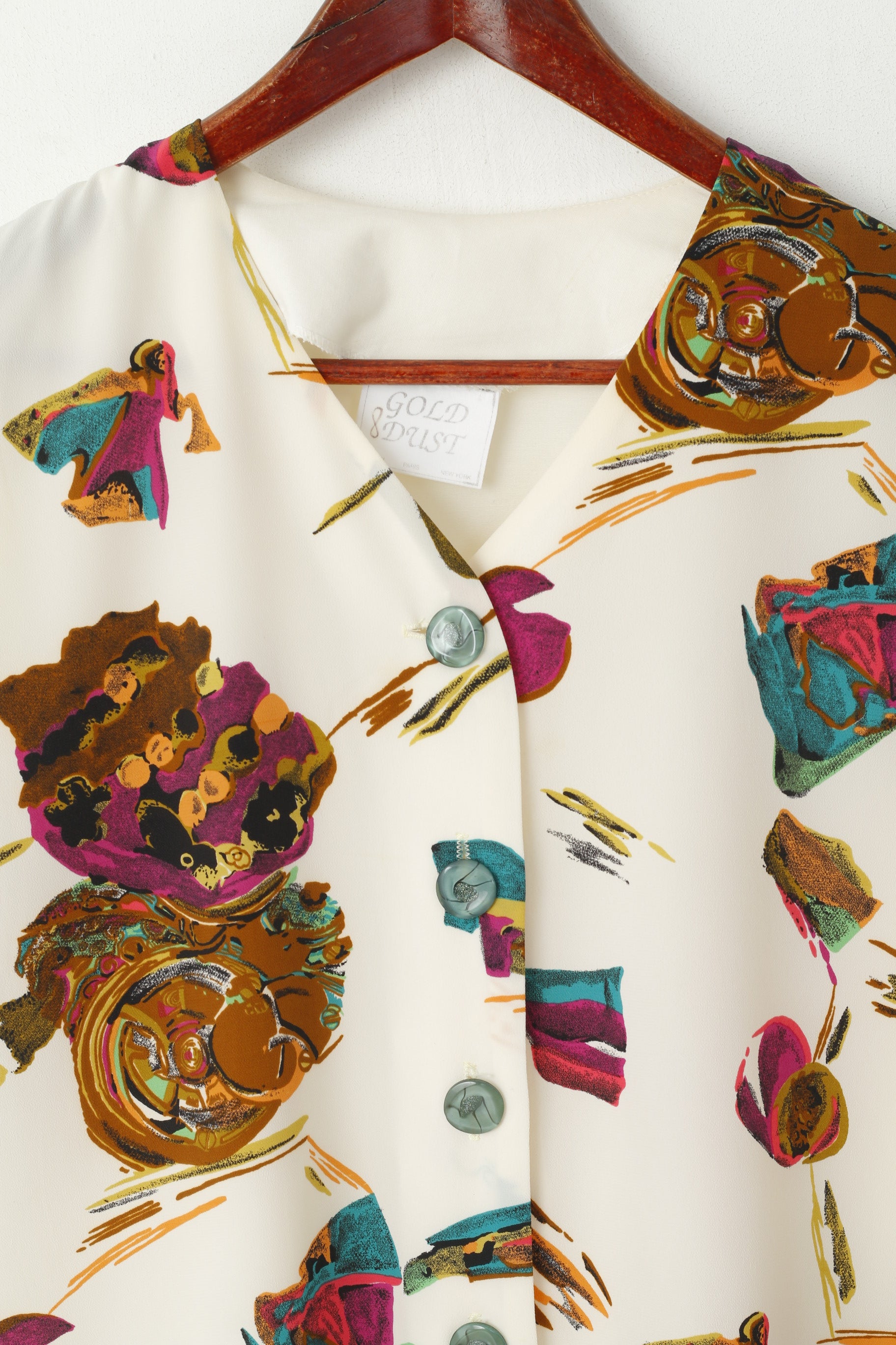 Camicia Gold Dust da donna 14 L Top elegante a maniche corte con bottoni astratti beige