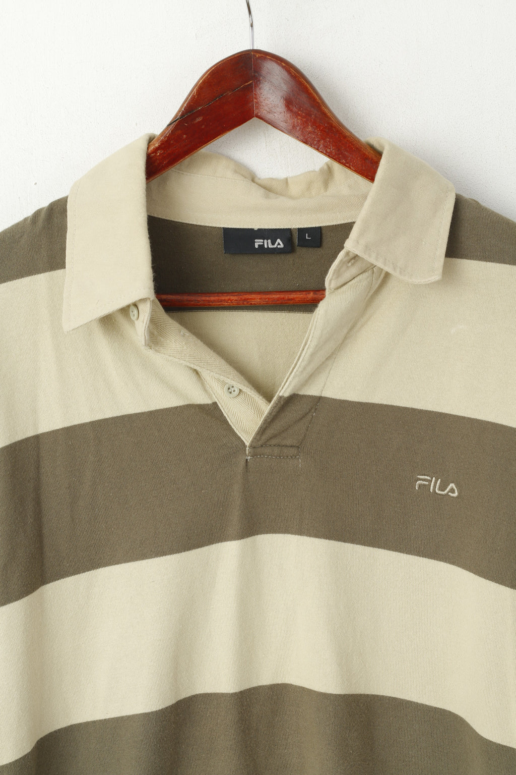 FILA Men L (M) Polo Shirt Green Striped Retroi Cotton Detailed Buttons Long Sleeve Top