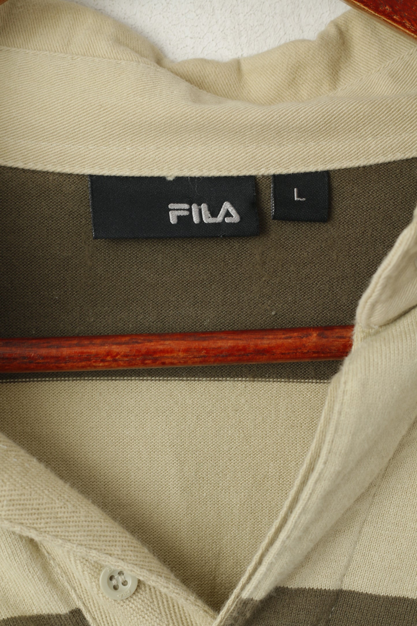 FILA Men L (M) Polo Shirt Green Striped Retroi Cotton Detailed Buttons Long Sleeve Top
