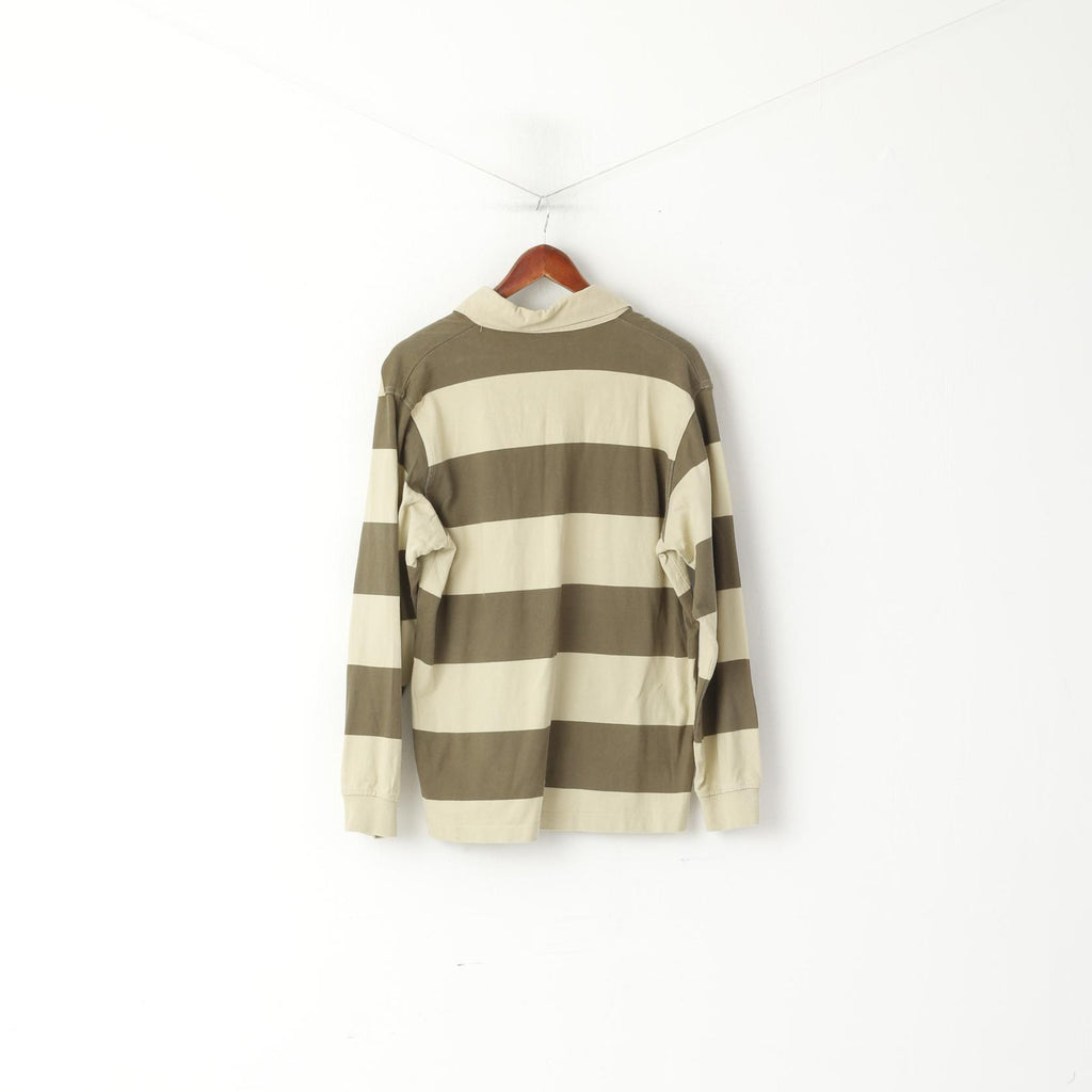 FILA Men L (M) Polo Shirt Green Striped Retroi Cotton Detailed Buttons Long Sleeve Top