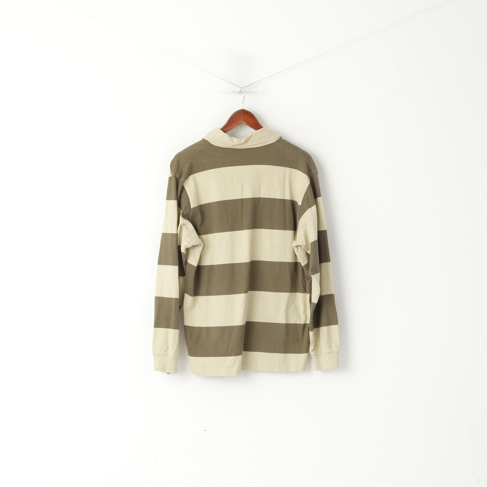 FILA Men L (M) Polo Shirt Green Striped Retroi Cotton Detailed Buttons Long Sleeve Top