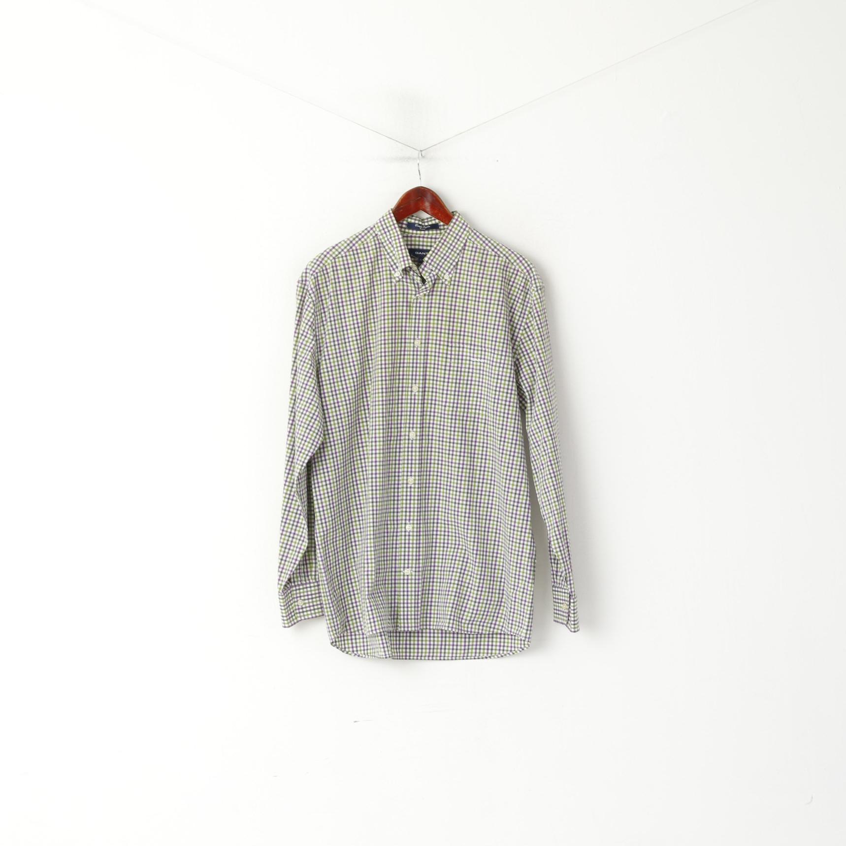 GANT Men L Casual Shirt Green Purple Check Cotton Comfy Poplin Long Sleeve Top