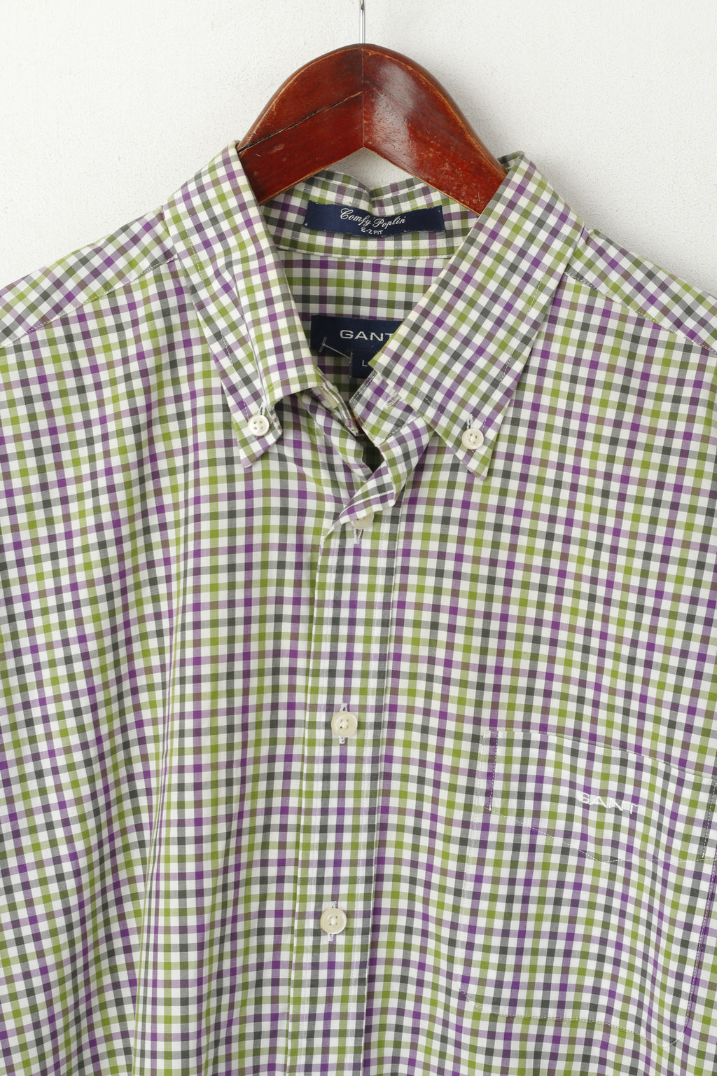 GANT Men L Casual Shirt Green Purple Check Cotton Comfy Poplin Long Sleeve Top