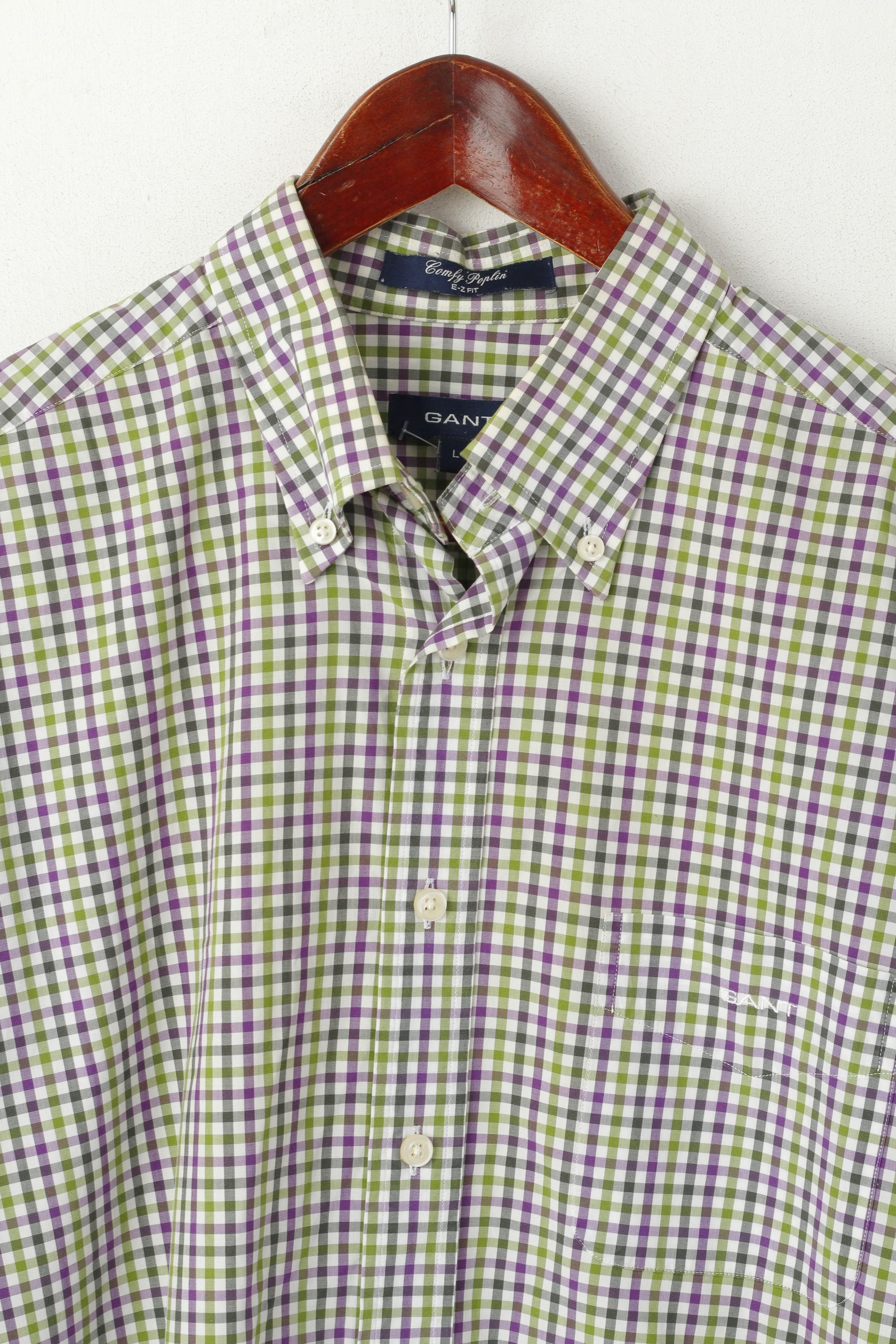 GANT Men L Casual Shirt Green Purple Check Cotton Comfy Poplin Long Sleeve Top