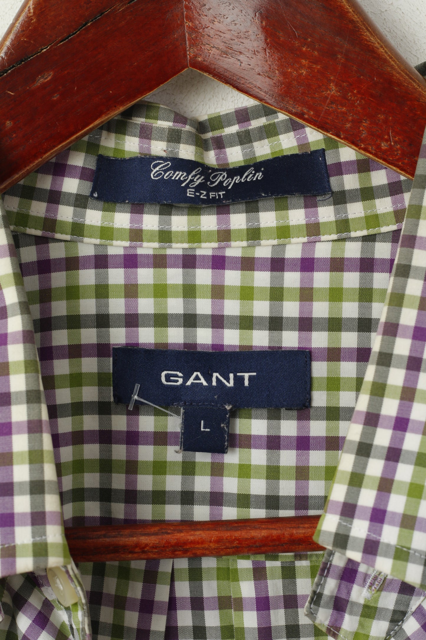 GANT Men L Casual Shirt Green Purple Check Cotton Comfy Poplin Long Sleeve Top
