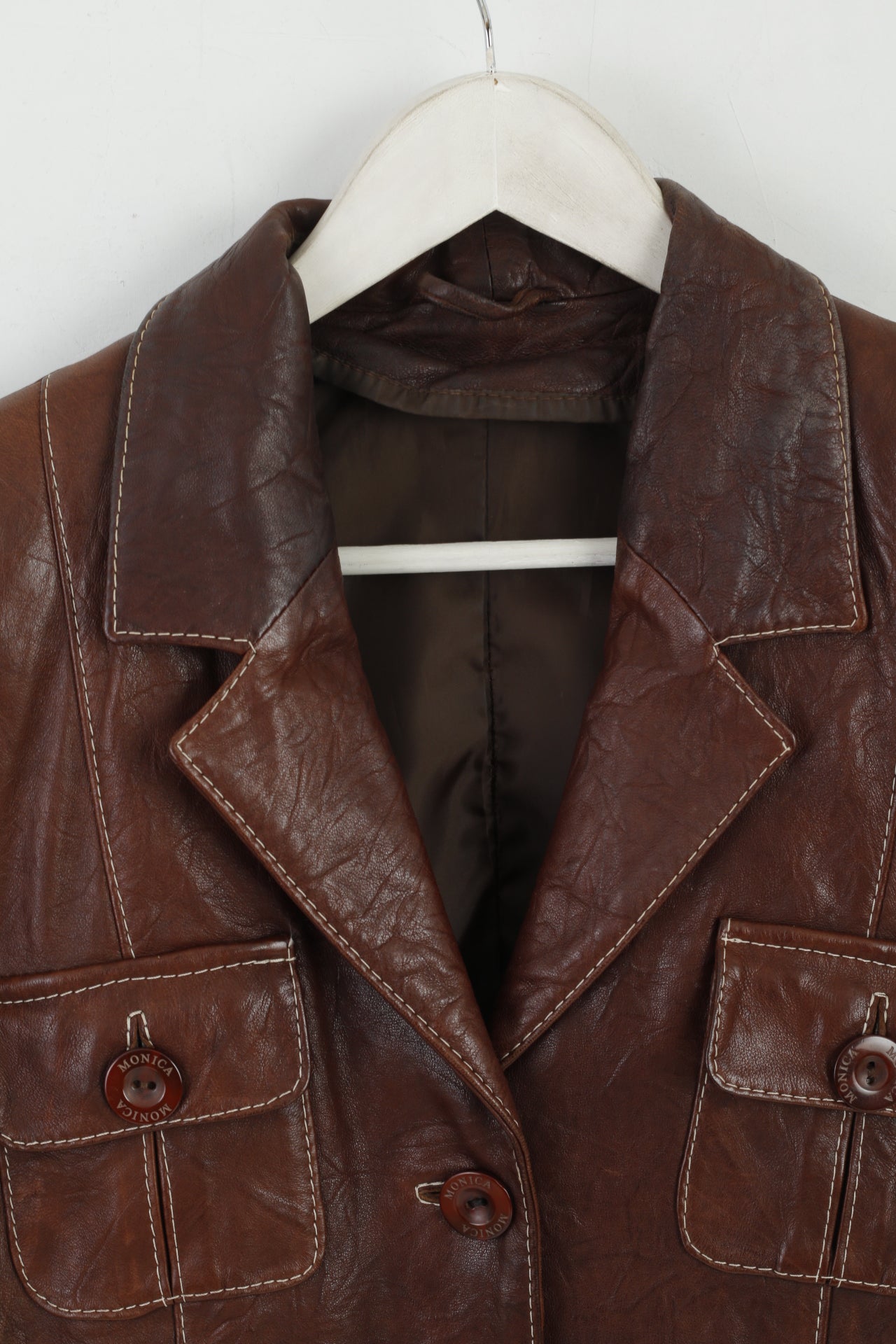 MONICA Women S/M Jacket Brown Leather Buttoned Multi Pockets Blazer Shoulder Pads Top