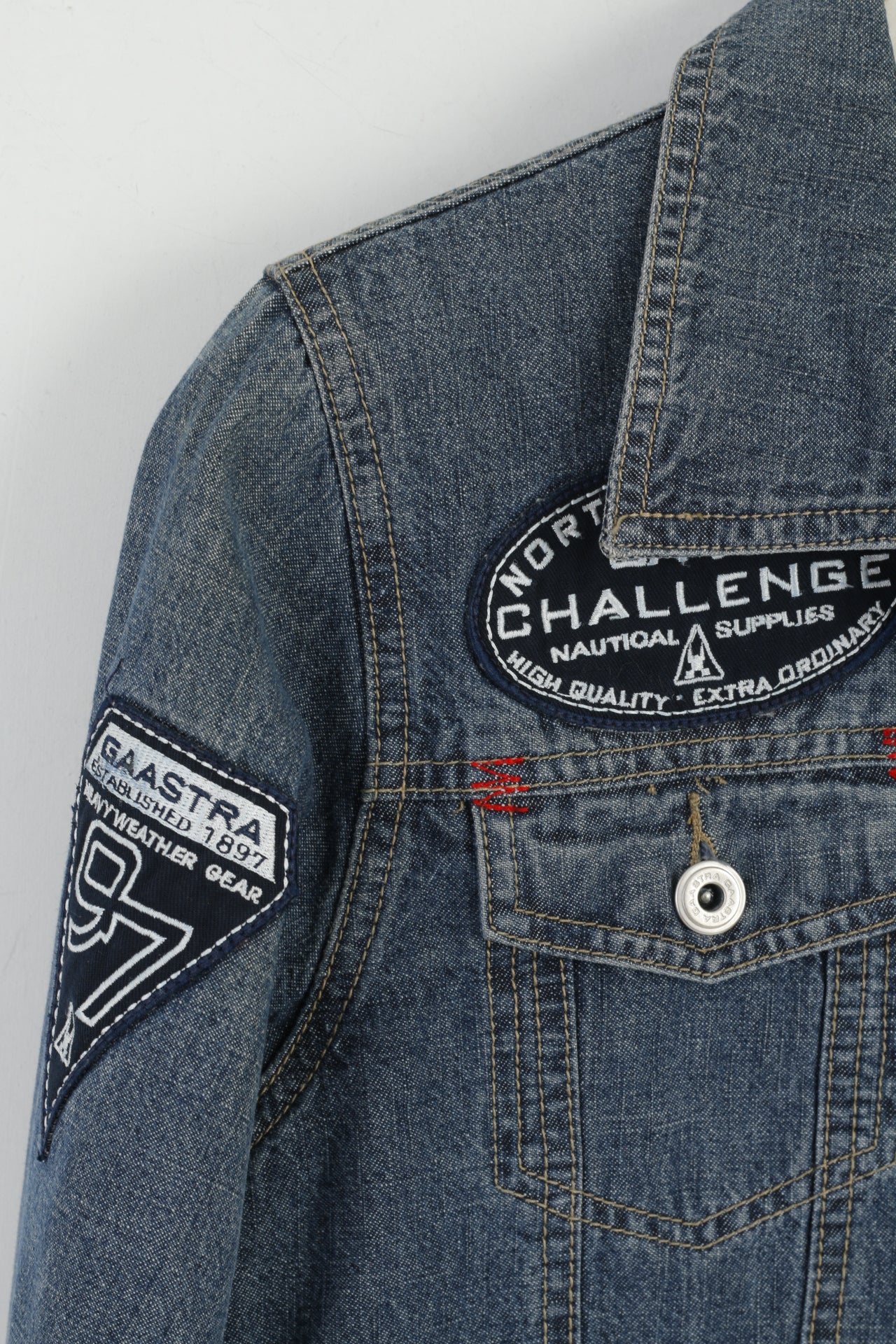 Gaastra femmes 38 M veste en jean bleu recadrée coton sale haut brodé