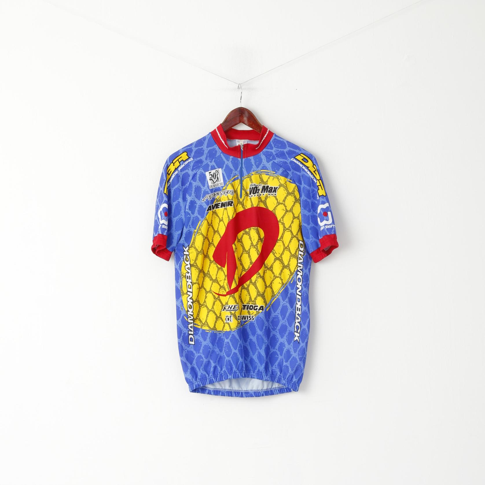 De Marchi Men XL Cycling Shirt Blue Racing Zip Neck Made in Italy Bike Jersey Top