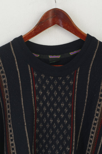 Westrbury C&A Men L Jumper Navy Wool Vintage Crew Neck Striped Sweater