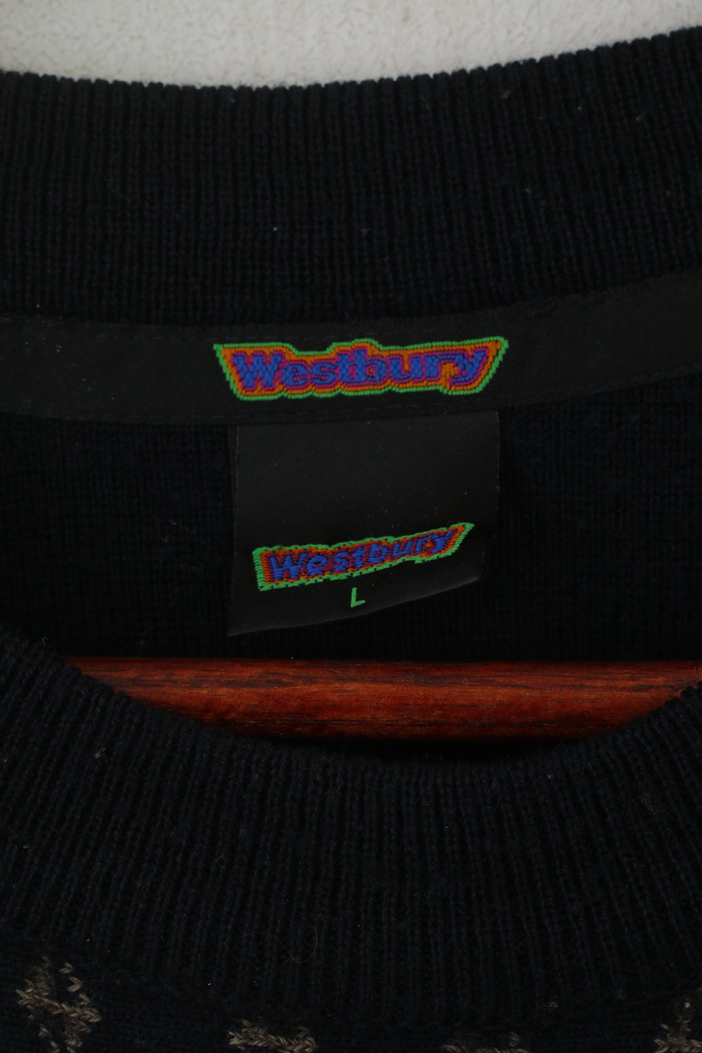 Westrbury C&A Men L Jumper Navy Wool Vintage Crew Neck Striped Sweater