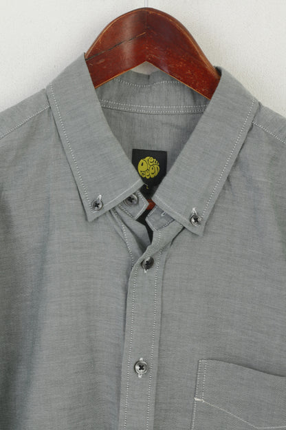 Pretty Green Men L Casual Shirt Gray Cotton Pocket Slim Fit Thin Material Long Sleeve Top