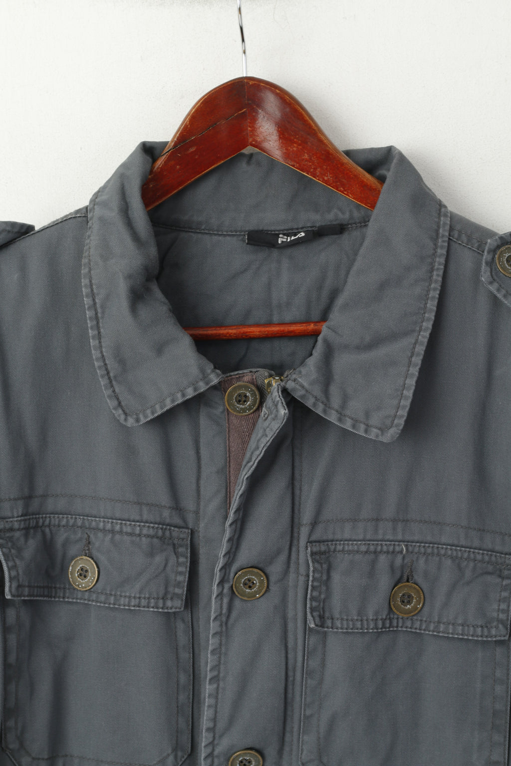 FILA Giacca da uomo XL (M) Tasche militari imbottite in cotone grigio con cerniera completa Top classico
