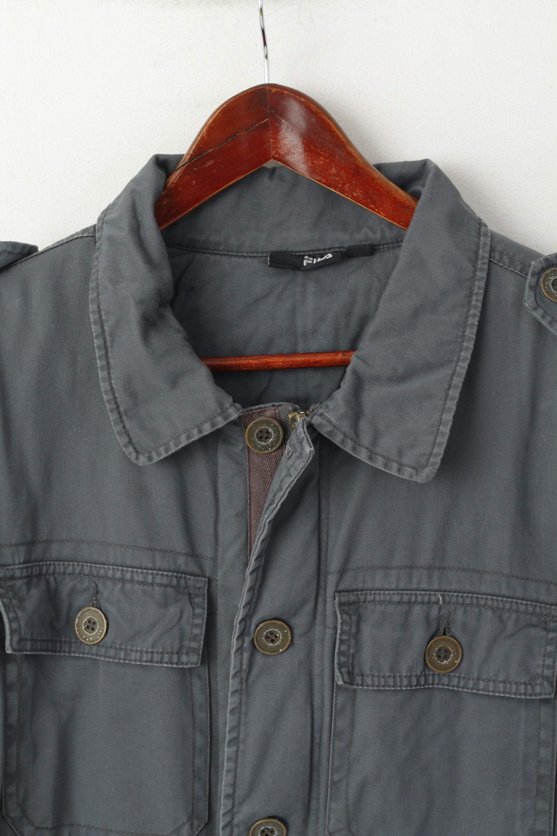 FILA Giacca da uomo XL (M) Tasche militari imbottite in cotone grigio con cerniera completa Top classico