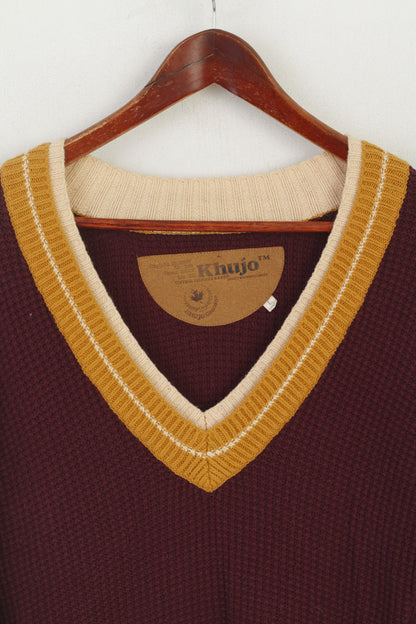 Khujo Women L (M) Long Jumper Maroon Cotton Vintage Knit Slim Fit Tunic Sweater