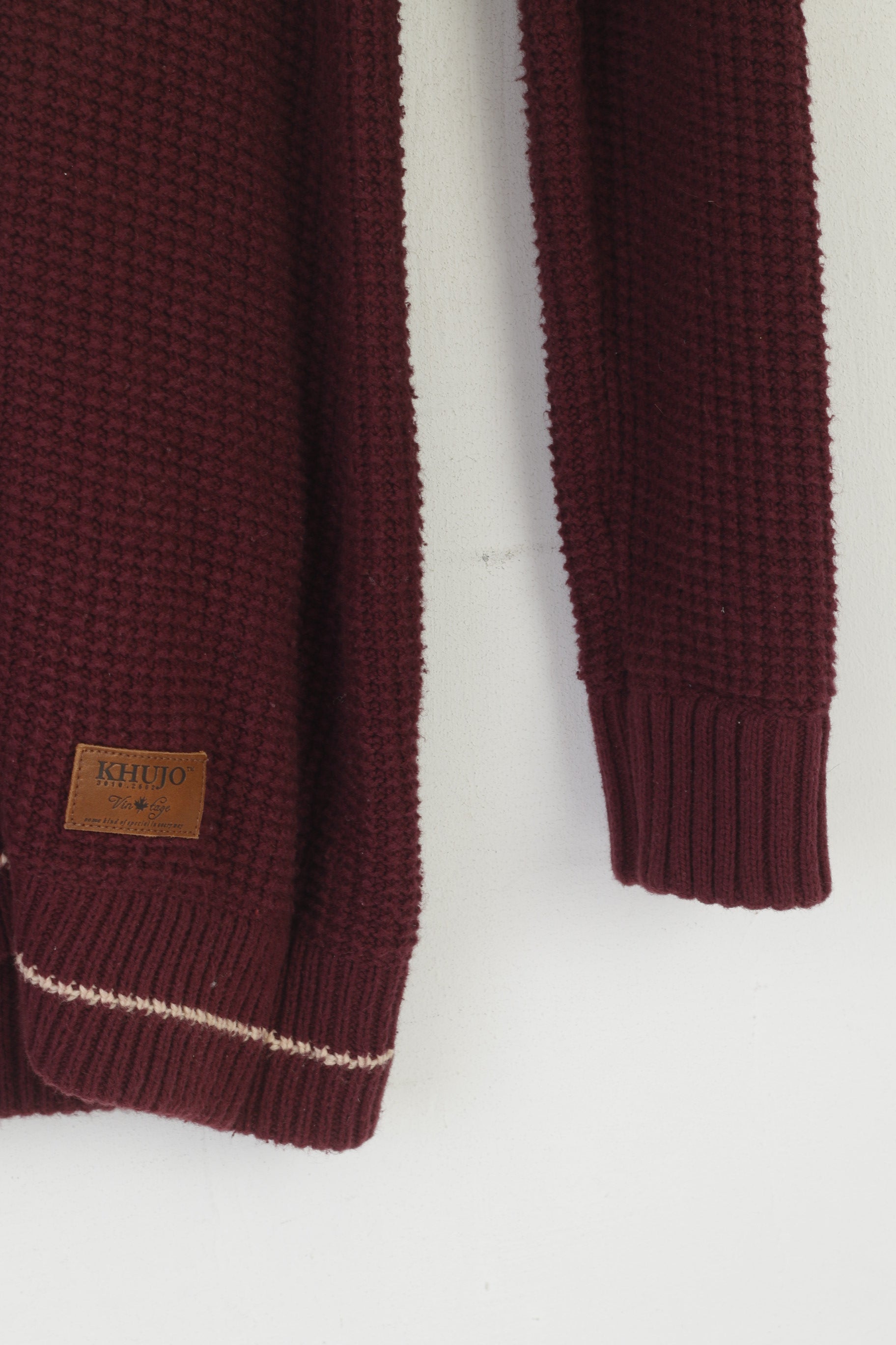 Khujo Women L (M) Long Jumper Maroon Cotton Vintage Knit Slim Fit Tunic Sweater