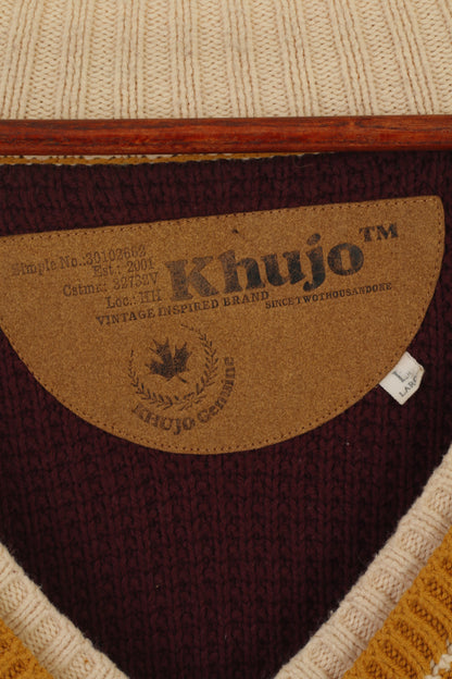 Khujo Women L (M) Long Jumper Maroon Cotton Vintage Knit Slim Fit Tunic Sweater