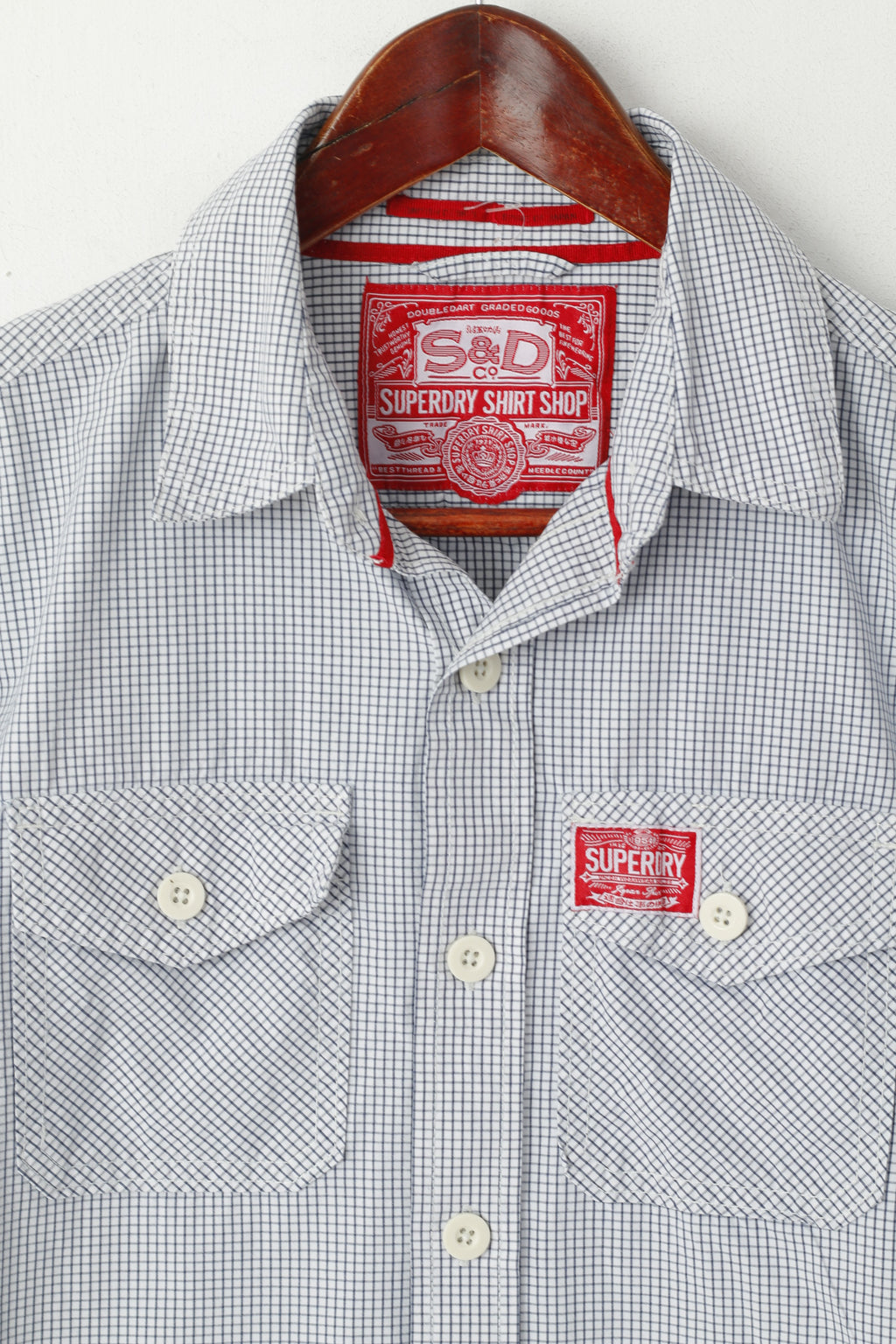 Superdry Hommes M (S) Chemise décontractée Bleu marine à carreaux blancs en coton à manches longues avec poche