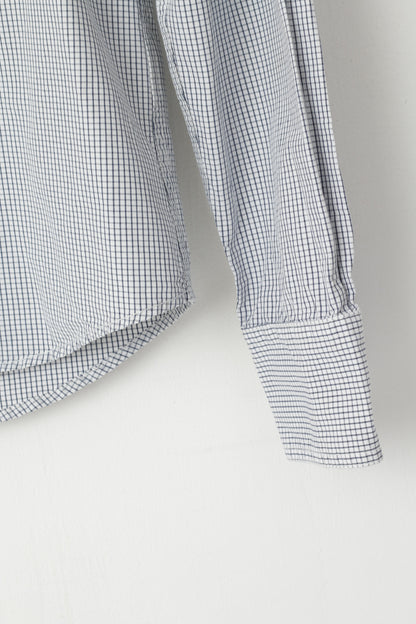 Superdry Hommes M (S) Chemise décontractée Bleu marine à carreaux blancs en coton à manches longues avec poche