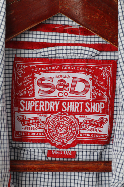 Superdry Men M (S) Casual Shirt Navy White Check Cotton Long Sleeve Pocket Top