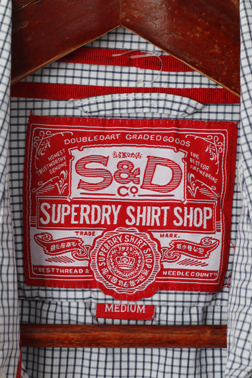 Superdry Hommes M (S) Chemise décontractée Bleu marine à carreaux blancs en coton à manches longues avec poche