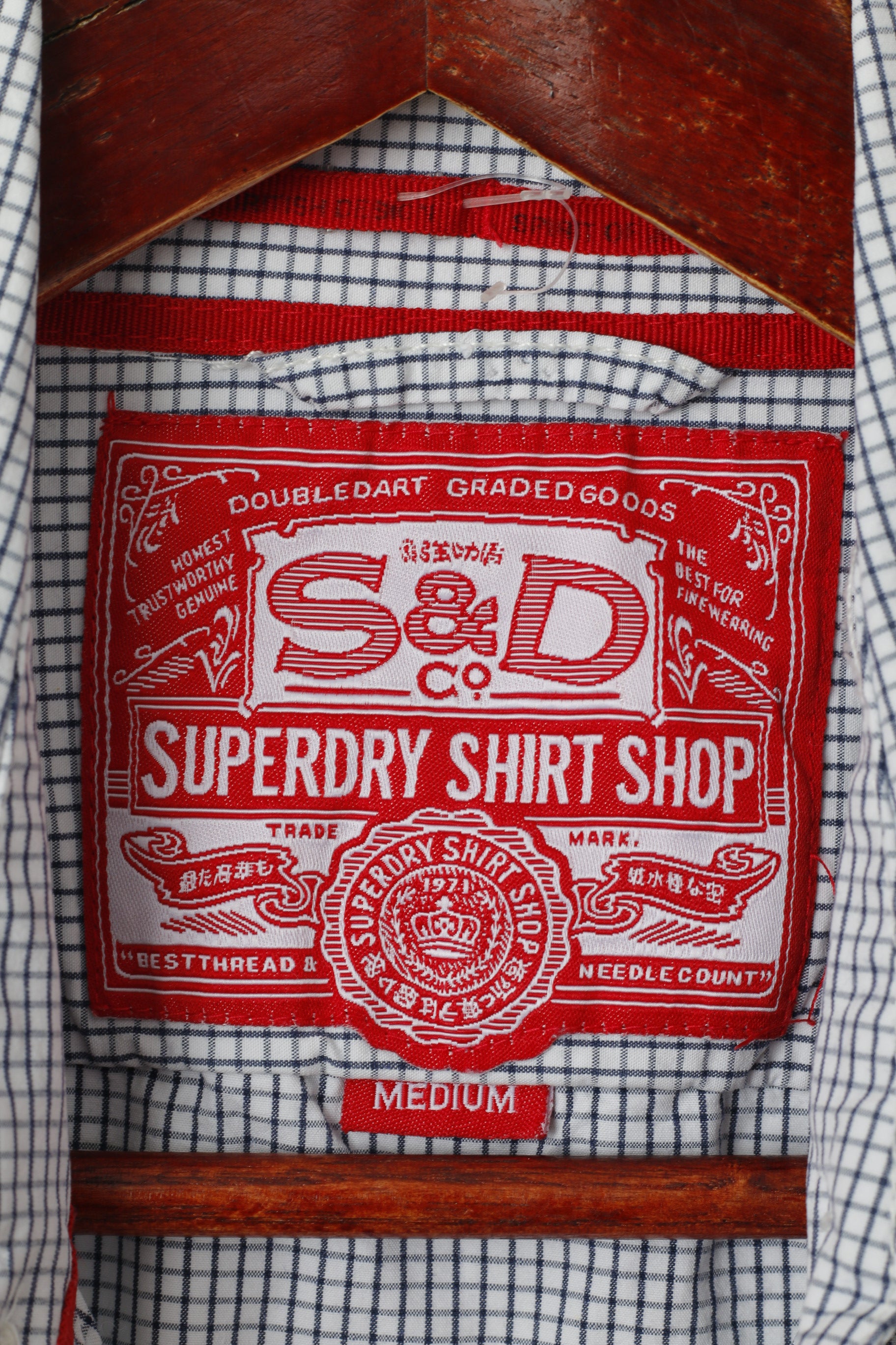 Superdry Hommes M (S) Chemise décontractée Bleu marine à carreaux blancs en coton à manches longues avec poche