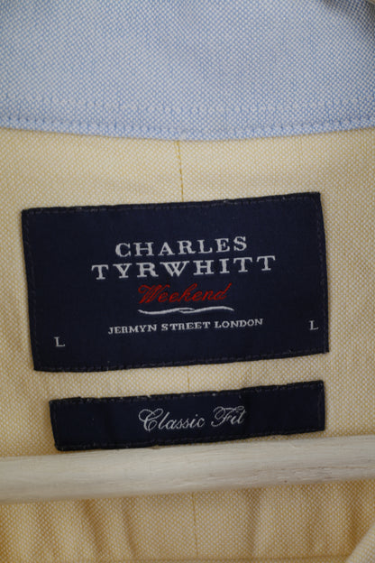 Charles Tyrwhitt Men L (XL) Casual Shirt Yellow Classic Fit Long Sleeve Cotton Top