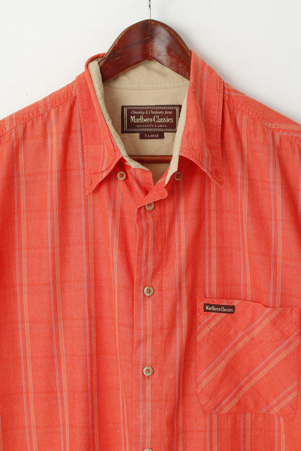 Marlboro Classics Men XL Casual Shirt Orange Check Country Outdoor Short Sleeve Top