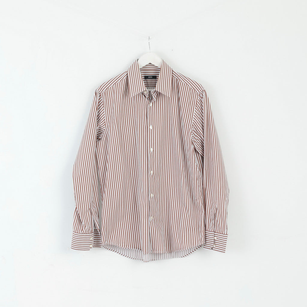 Hugo Boss Camicia casual da uomo 42 16,5 L Top regolare a maniche lunghe in cotone a righe marrone
