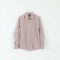 Hugo Boss Mens 42 16.5 L Casual Shirt Brown Striped Cotton Long Sleeve Regualr Top