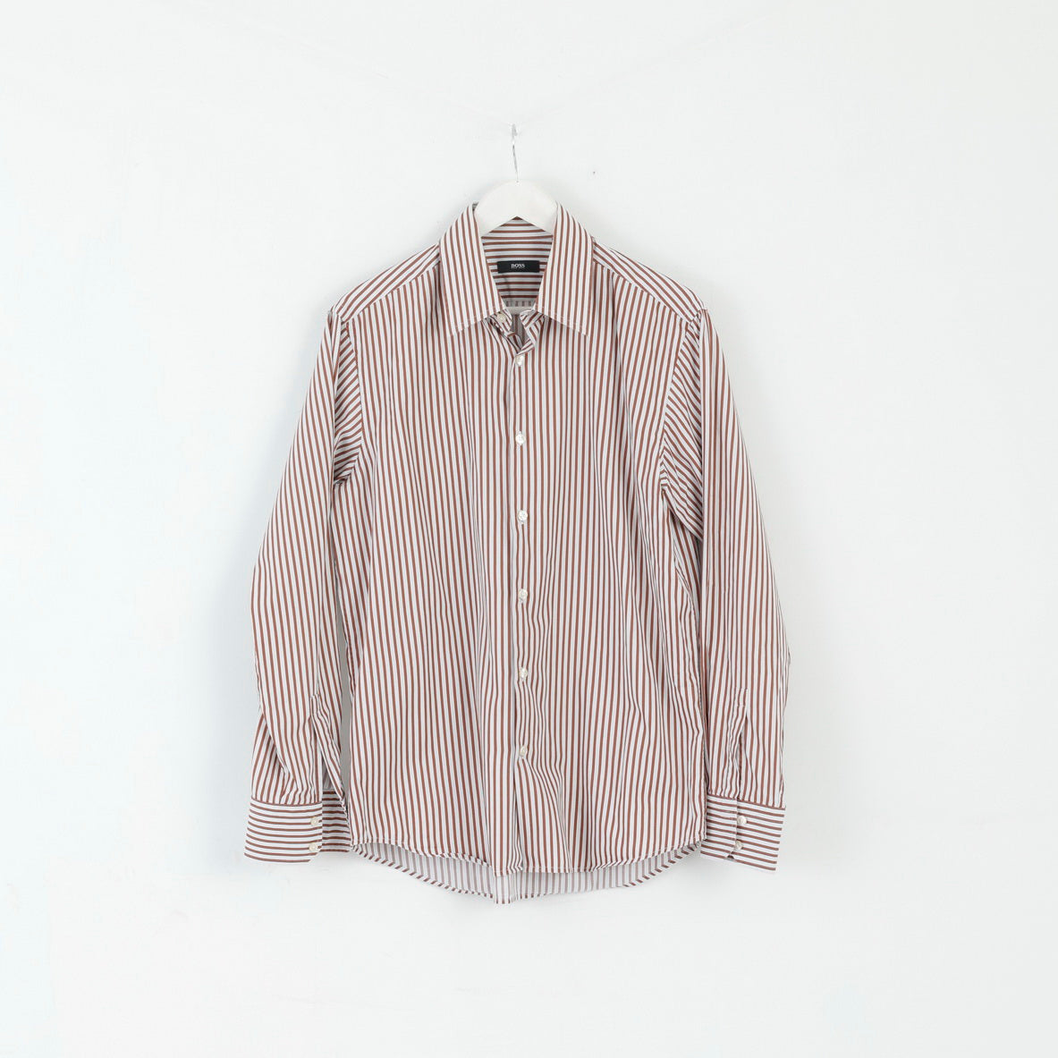 Hugo Boss Camicia casual da uomo 42 16,5 L Top regolare a maniche lunghe in cotone a righe marrone