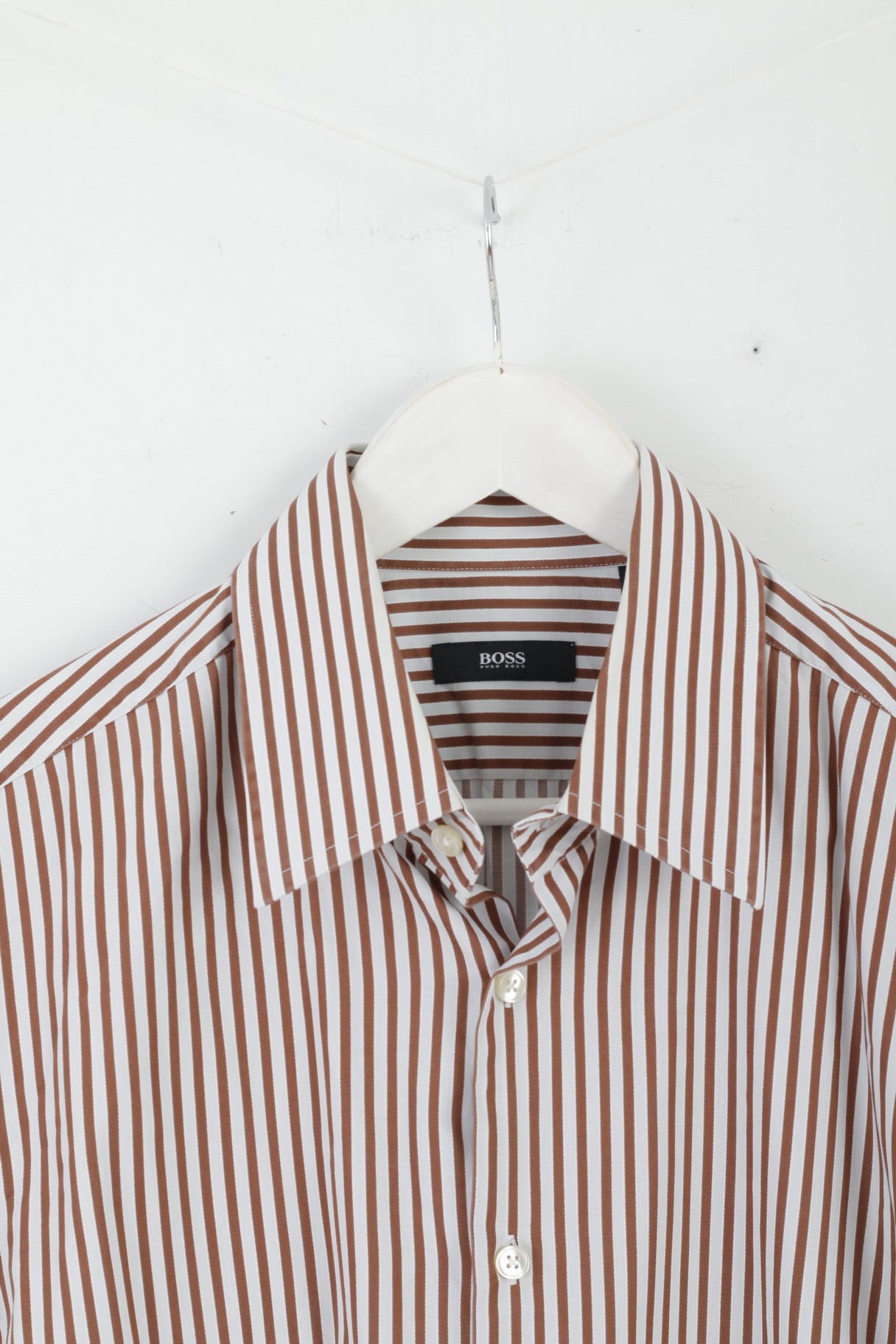 Hugo Boss Camicia casual da uomo 42 16,5 L Top regolare a maniche lunghe in cotone a righe marrone