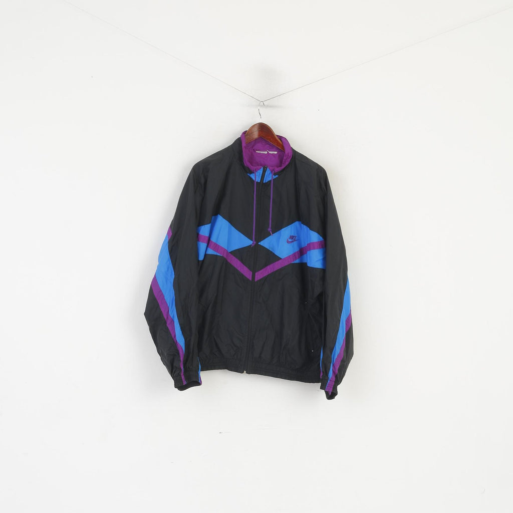 Giacca Nike da uomo XL nera vintage bomber lucida con zip intera abbigliamento sportivo anni '90 top sportivo