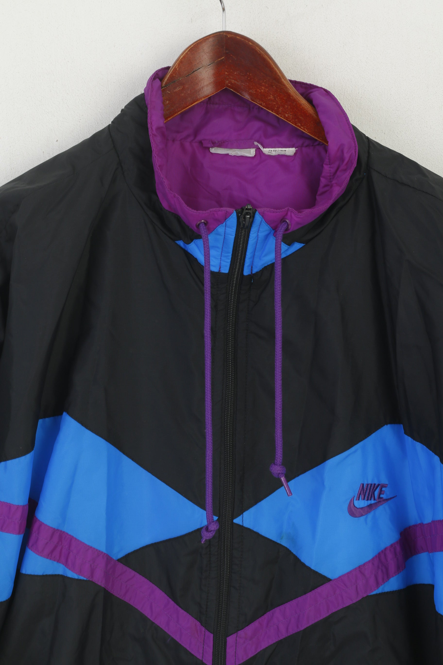 Giacca Nike da uomo XL nera vintage bomber lucida con zip intera abbigliamento sportivo anni '90 top sportivo