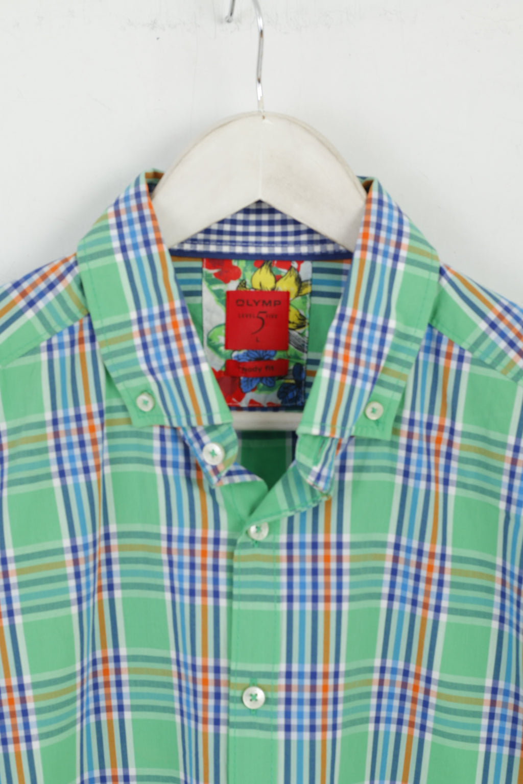 OLYMP Men L Casual Shirt Check Green Cotton Body Fit Level Five Long Sleeve Top