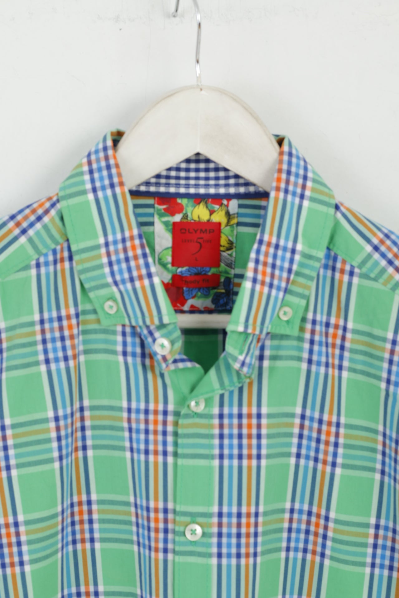 OLYMP Men L Casual Shirt Check Green Cotton Body Fit Level Five Long Sleeve Top