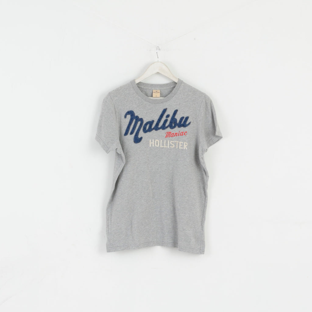 T-shirt Hollister California da uomo L, top grigio girocollo con grafica ricamata