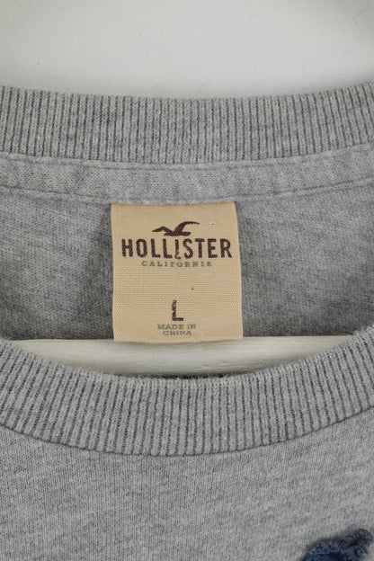 Hollister California Men L T-Shirt Gris Crew Neck Graphic Embroidered Top