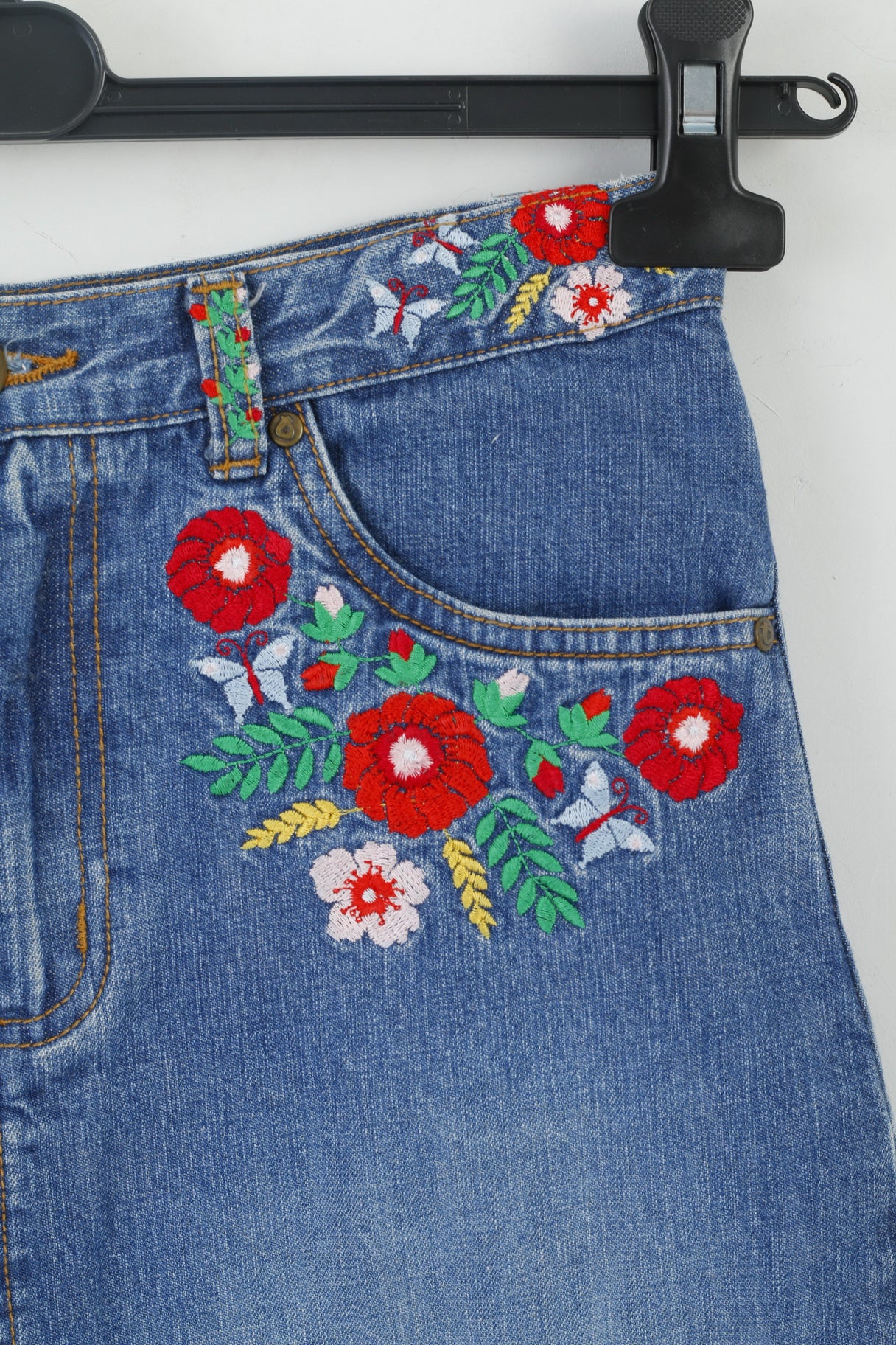 H&M Dubster Girls 158 13 Age Skirt Blue Jeans Cotton Folk Floral Denim