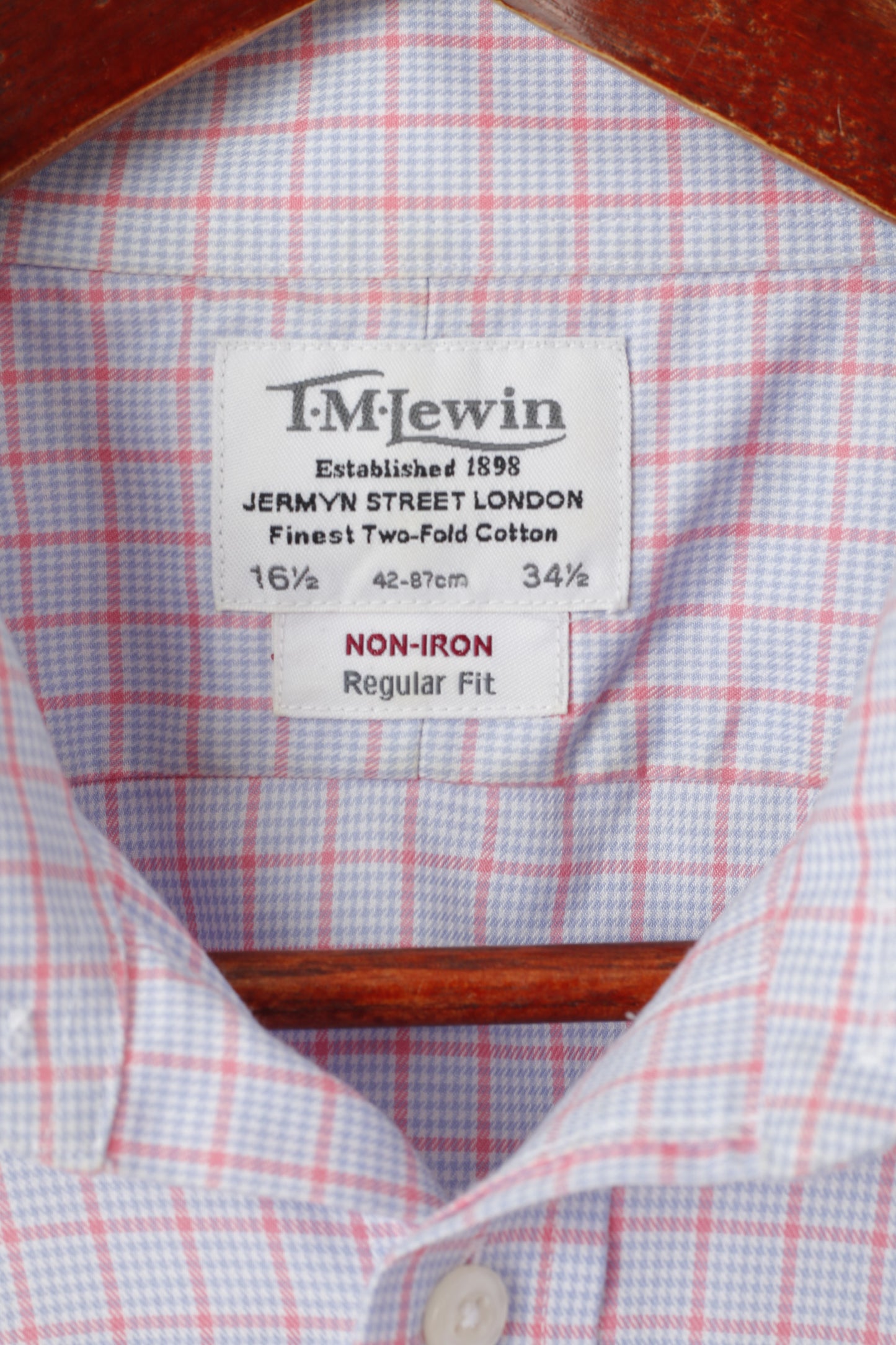 TM Lewin Hommes 16,5 34,5 XL Chemise décontractée Bleu Rose Carreaux Coupe Régulière Coton Haut à Manches Longues