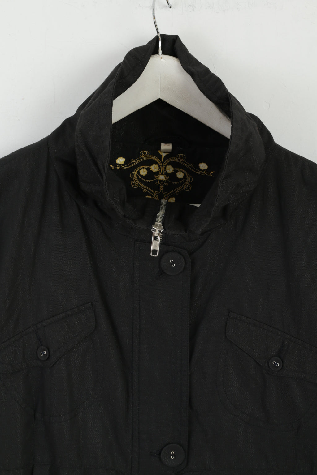 Femmes 16 42 Manteau Brillant Noir Coton Nylon Mélange Léger Fermeture Éclair Complète Evan