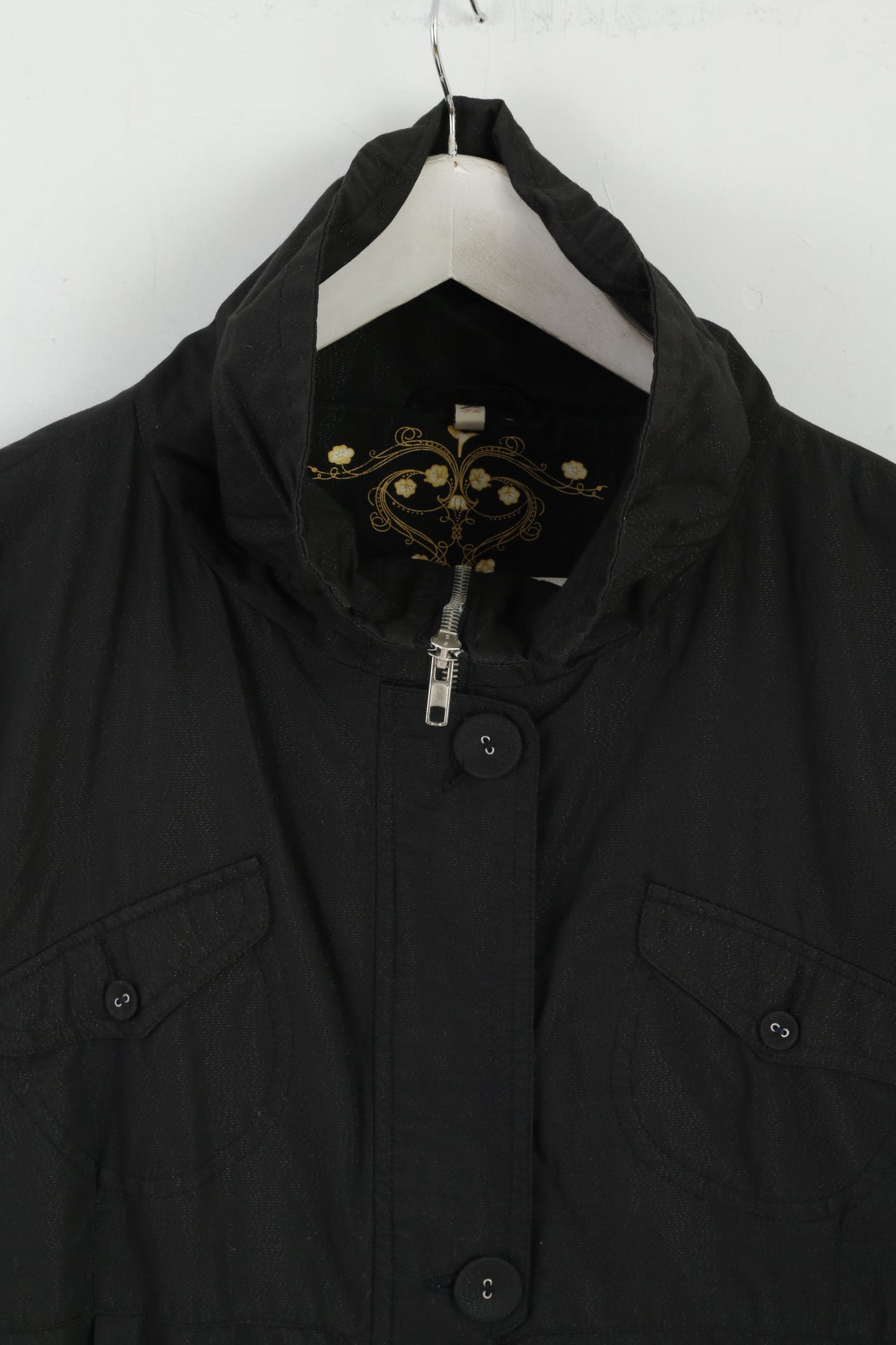 Femmes 16 42 Manteau Brillant Noir Coton Nylon Mélange Léger Fermeture Éclair Complète Evan