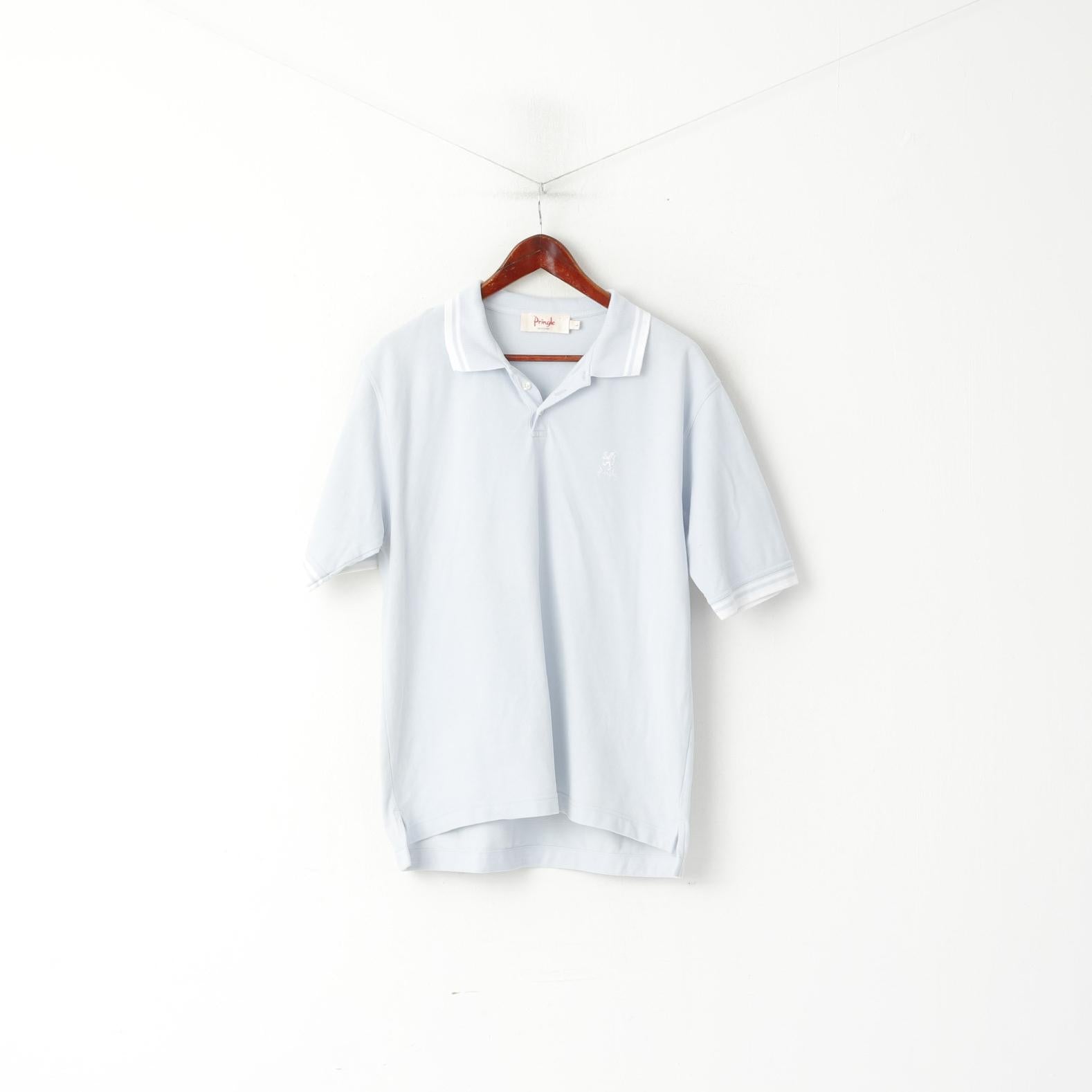 Pringle Scotland Men L Polo Shirt Light Blue Cotton Detailed Buttons Plain Top