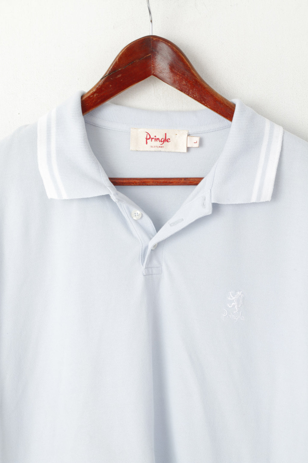 Pringle Scotland Men L Polo Shirt Light Blue Cotton Detailed Buttons Plain Top