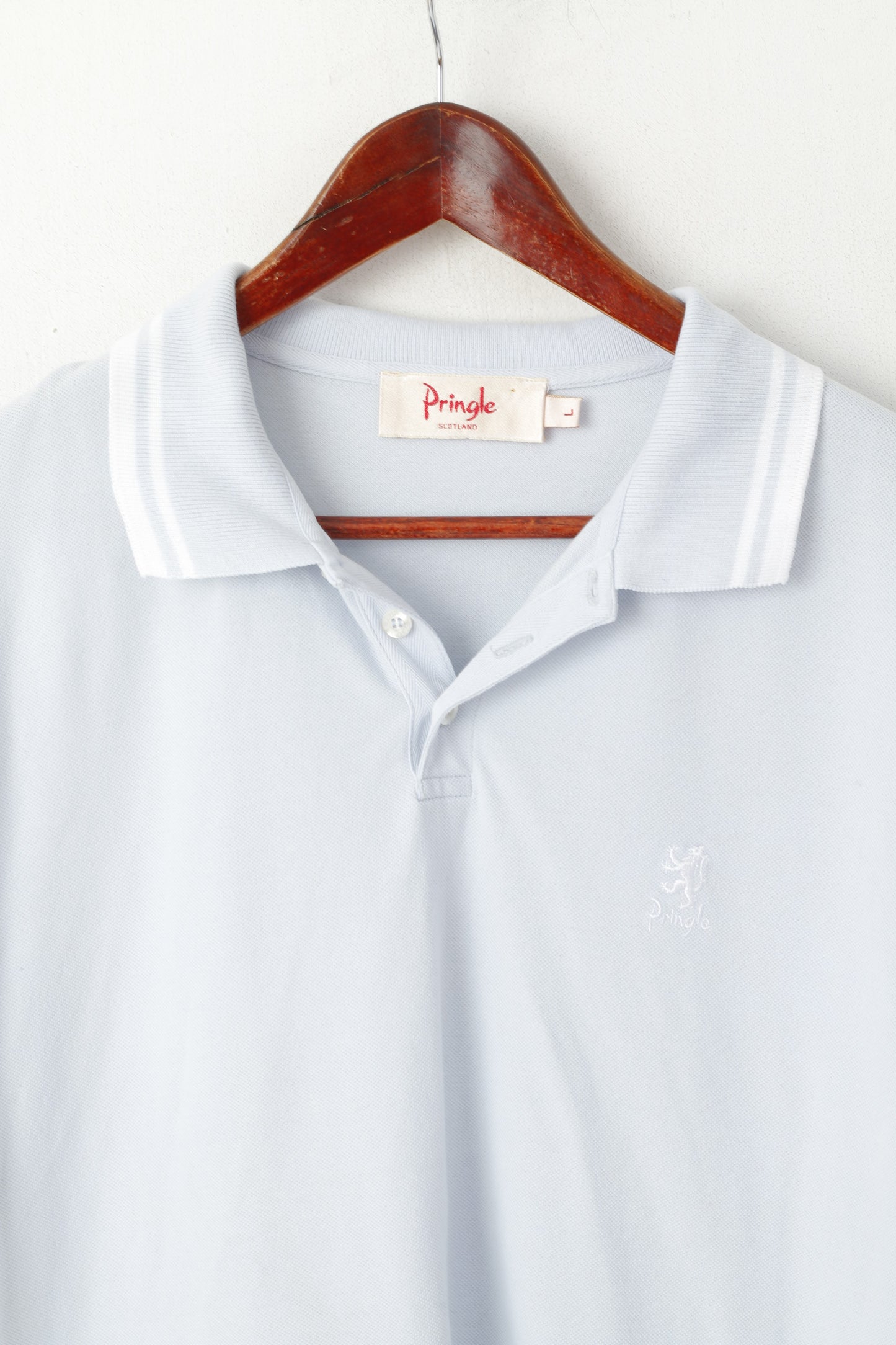 Pringle Scotland Hommes L Polo Bleu Clair Coton Boutons Détaillés Haut Uni