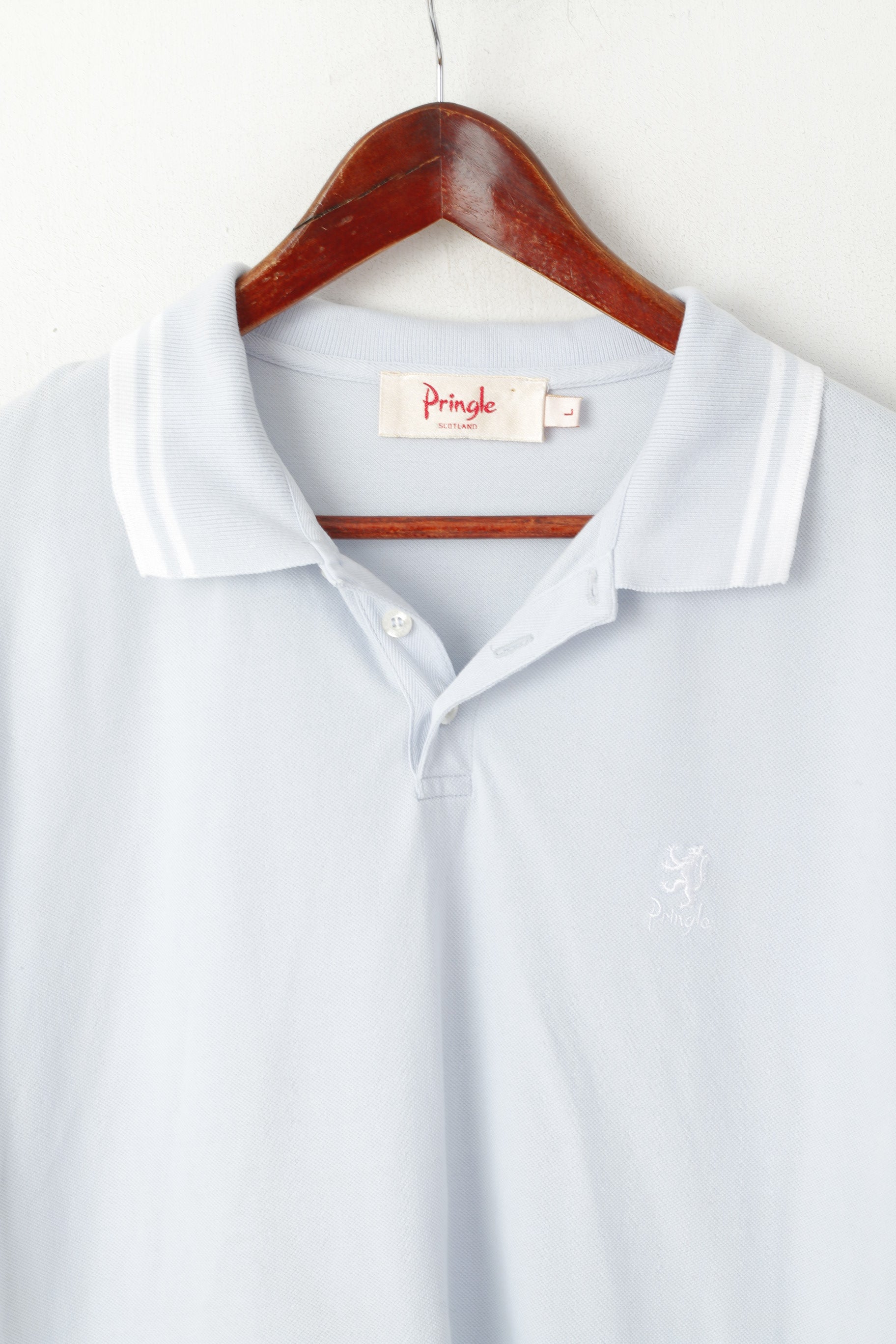 Pringle Scotland Men L Polo Shirt Light Blue Cotton Detailed Buttons Plain Top