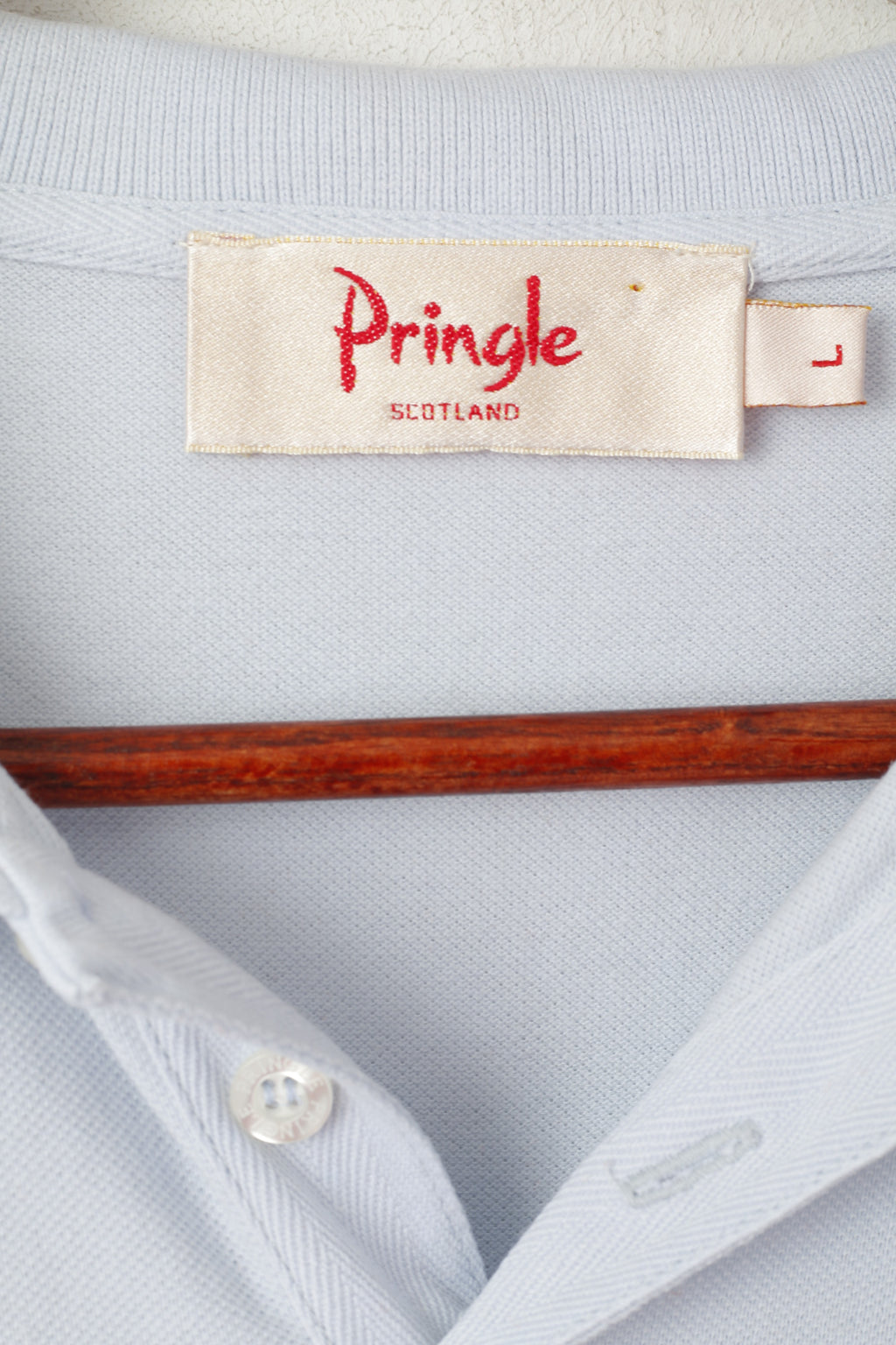 Pringle Scotland Men L Polo Shirt Light Blue Cotton Detailed Buttons Plain Top