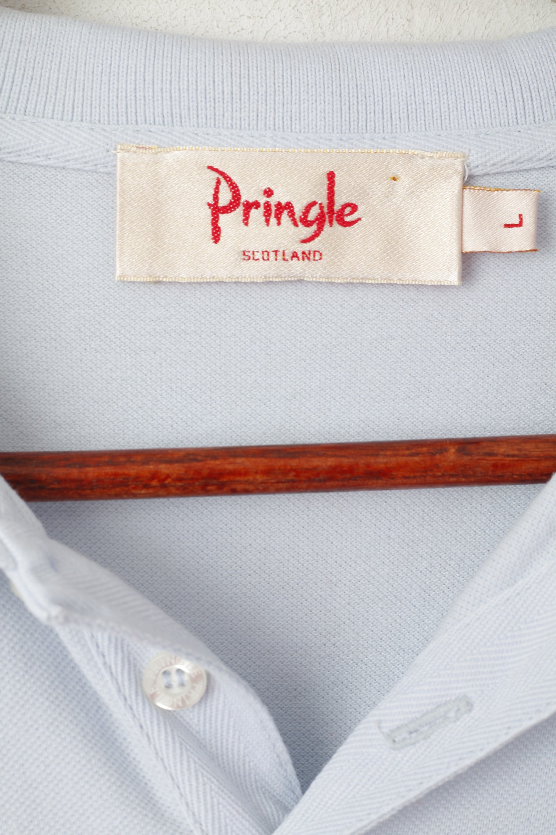 Pringle Scotland Men L Polo Shirt Light Blue Cotton Detailed Buttons Plain Top